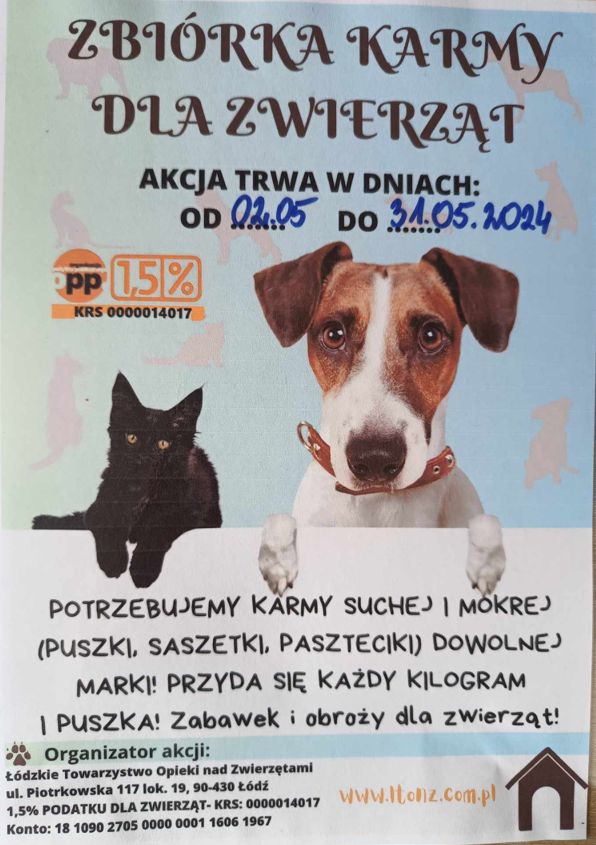 plakat informacyjny - zbiórka karmy dla zwierząt