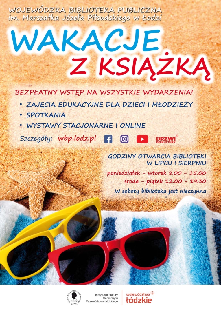 plakat zapraszający czytelników na zajęcia biblioteczne w wakacje