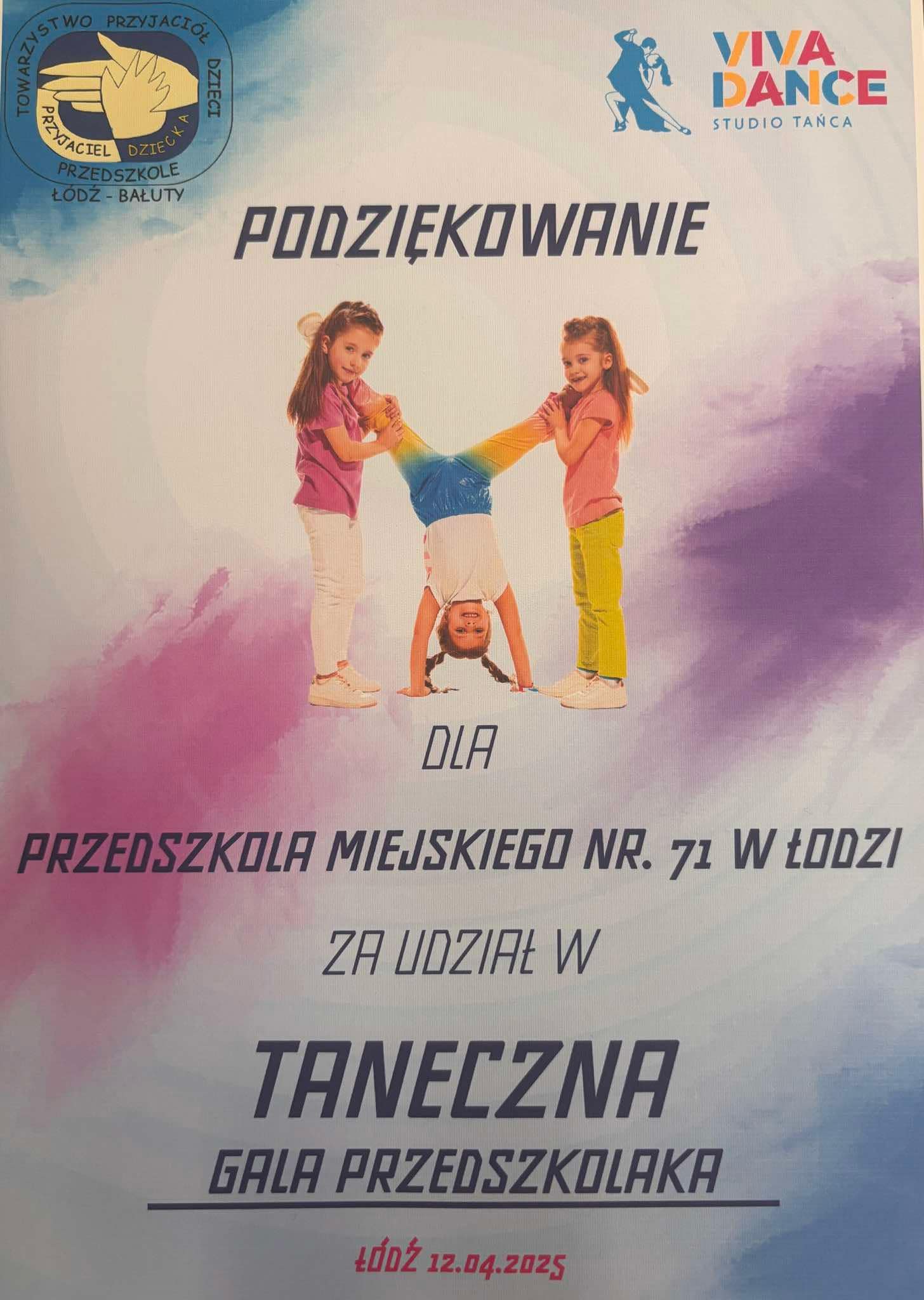 Podziękowanie za udział w Tanecznej Gali Przedszkolaka.