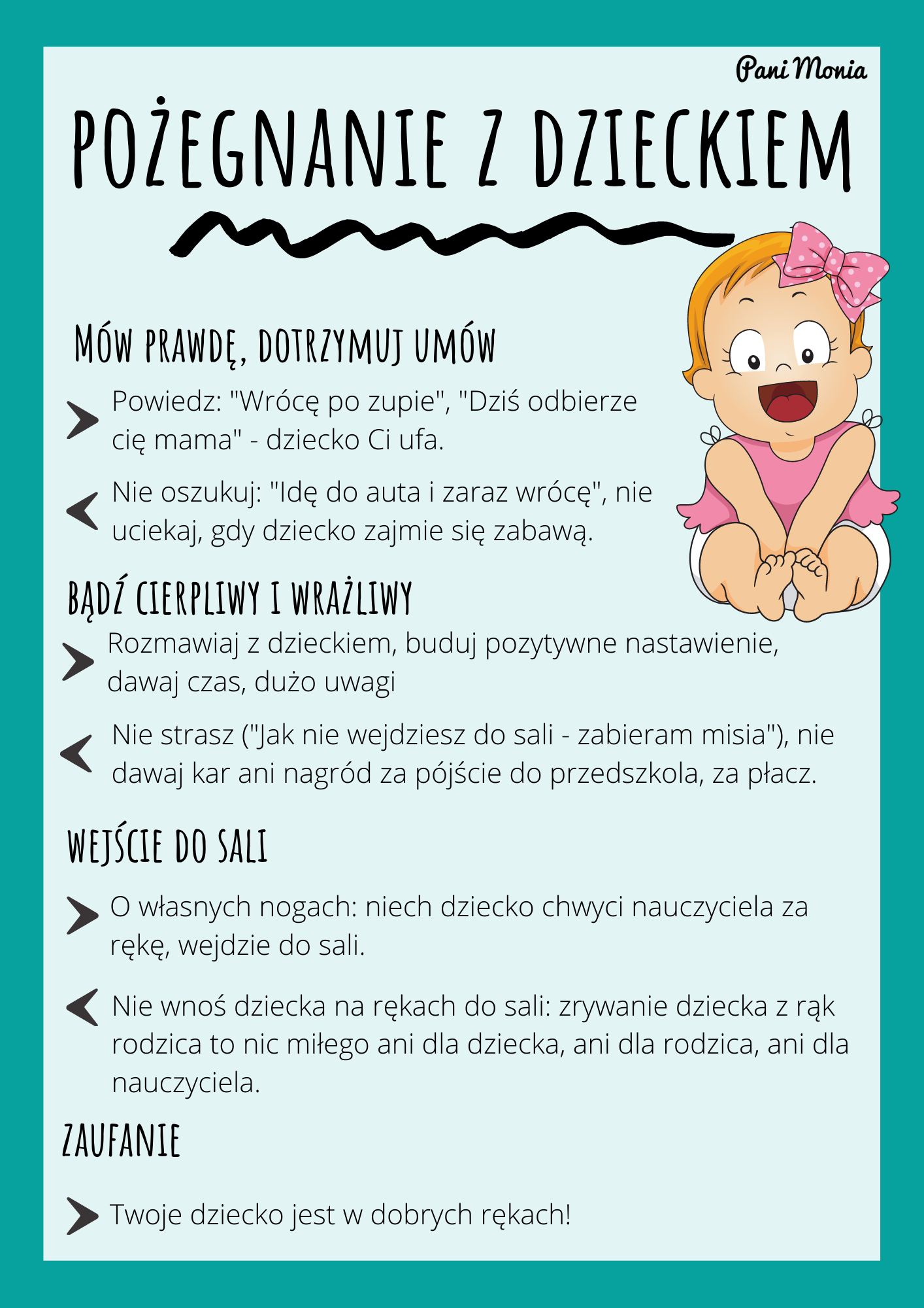 Plakat zawierający wskazówki dla rodziców dotyczące pierwszych dni w przedszkolu - ciąg dalszy