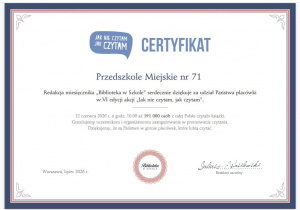 Certyfikat potwierdzający udział w VI edycji akcji "Jak nie czytam, jak czytam".