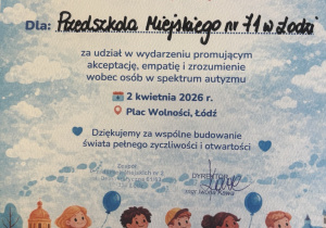 Dyplom uczestnictwa w Niebieskim Marszu.