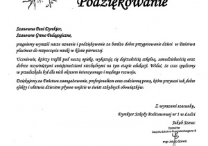Podziękowanie od Szkoły Podstawowej za dobre przygotowanie dzieci do nauki w klasie pierwszej.