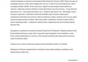Tekst podziękowania za włączenie się do kampanii Dzieciństwo bez Przemocy 2025