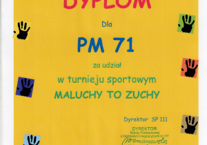 Dyplom za udział w turnieju sportowym "Maluchy to zuchy"