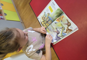 Dziewczynka ogląda książkę o dinozaurach.