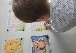 Chłopiec dopasowuje elementy obrazka do ilustracji.
